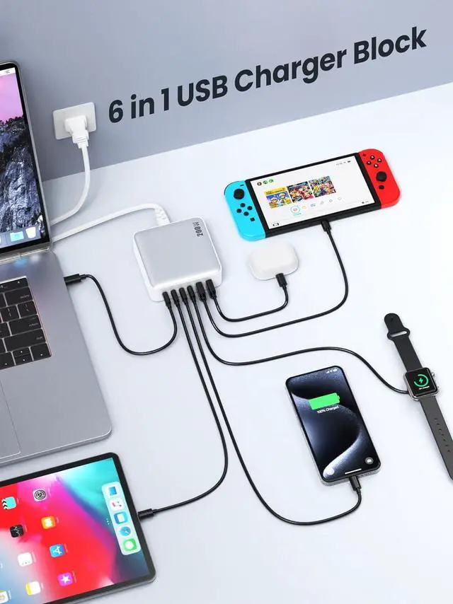 Alt view image 2 of 7 - USB C Charger Block 200W [2024 Upgraded] GaN III 6 Port Fast Charging Station Hub PD 65W USB C Laptop Charger Compatible with MacBook Pro/Air iPad iPhone 15/14 Galaxy S24 Steam Deck Dell etc-White