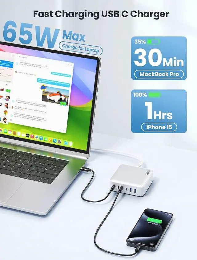 Alt view image 4 of 7 - USB C Charger Block 200W [2024 Upgraded] GaN III 6 Port Fast Charging Station Hub PD 65W USB C Laptop Charger Compatible with MacBook Pro/Air iPad iPhone 15/14 Galaxy S24 Steam Deck Dell etc-White