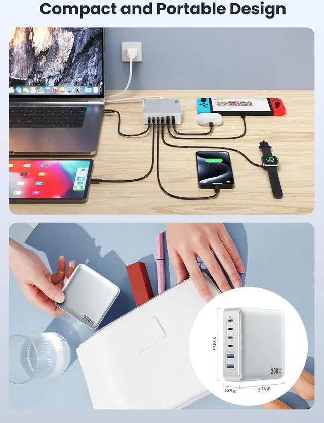 Alt view image 7 of 7 - USB C Charger Block 200W [2024 Upgraded] GaN III 6 Port Fast Charging Station Hub PD 65W USB C Laptop Charger Compatible with MacBook Pro/Air iPad iPhone 15/14 Galaxy S24 Steam Deck Dell etc-White