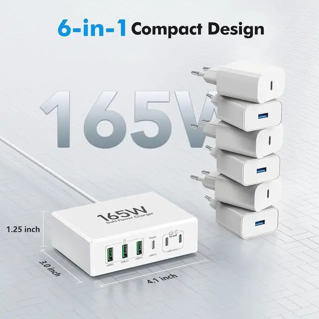 Alt view image 6 of 7 - 165W USB C Charging Station Hub, 6 Port PD GaN Fast Wall Charger Block Type C Laptop Power Adapter Charger Cube Brick for MacBook Pro/Air,iPad Pro,iPhone 13 14 15 16 17, AirPods4watch10 ultra2