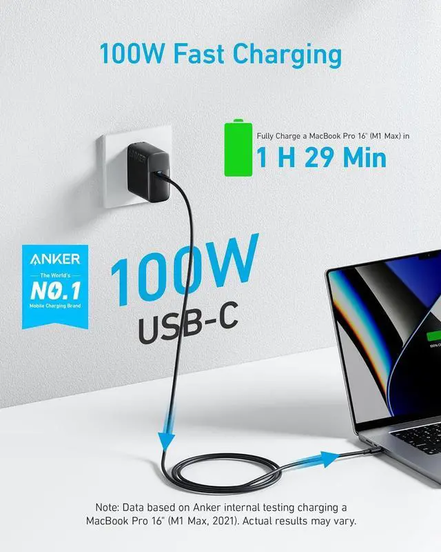 Alt view image 2 of 7 - Mac Book Pro Charger 100W USB C Charger Compact and Foldable Fast Charger for MacBook Air  Galaxy iPad Pro and All USB C Devices 5 ft USB C to USB C Cable Included