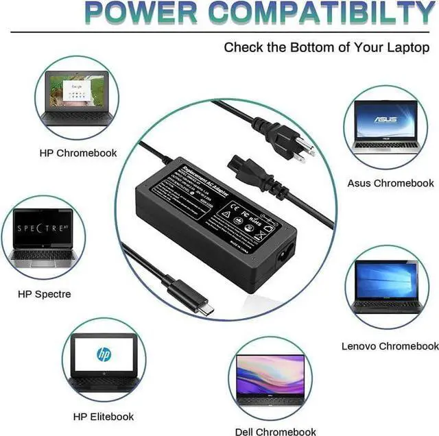 Alt view image 4 of 6 - Chromebook Charger 45W Fast USB C Laptop Charger for HP Chrome  Yoga Thinkpad   Latitude   Google Pixel  Matebook Computer Replacement Fits Any Type C Tablets & Phones