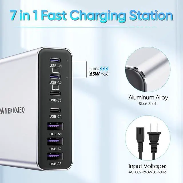 Alt view image 3 of 6 - Aluminum Alloy 320W USB C Charger 7 Port Fast Charging Station 65W USB C Laptop Charger Compatible with MacBook Pro/Air (Silver-4C3A)