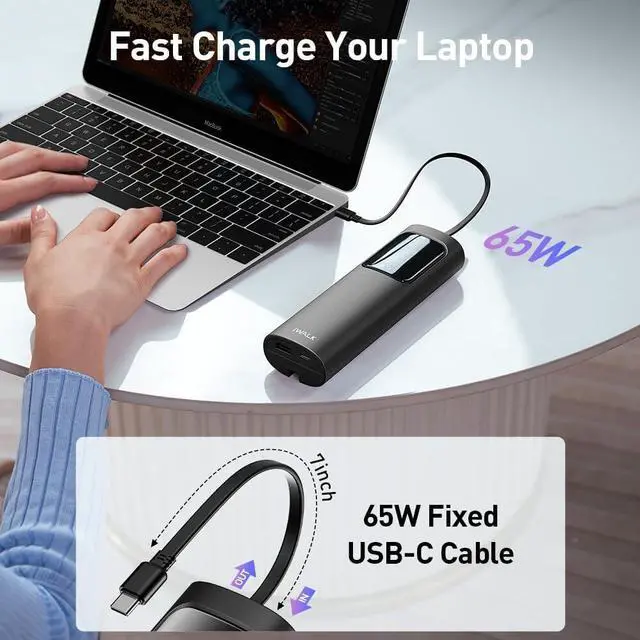Alt view image 2 of 6 - iWALK Laptop Power Bank, 20000mAh 65W 3-Output Portable Charger with Built-in USB-C Cable, PD QC Fast Charging External Battery Pack for MacBook Pro/Air HP iPhone 15 14 13 12 iPad Samsung Steam Deck
