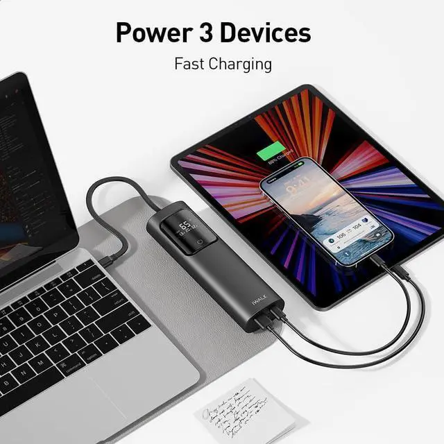 Alt view image 3 of 6 - iWALK Laptop Power Bank, 20000mAh 65W 3-Output Portable Charger with Built-in USB-C Cable, PD QC Fast Charging External Battery Pack for MacBook Pro/Air HP iPhone 15 14 13 12 iPad Samsung Steam Deck