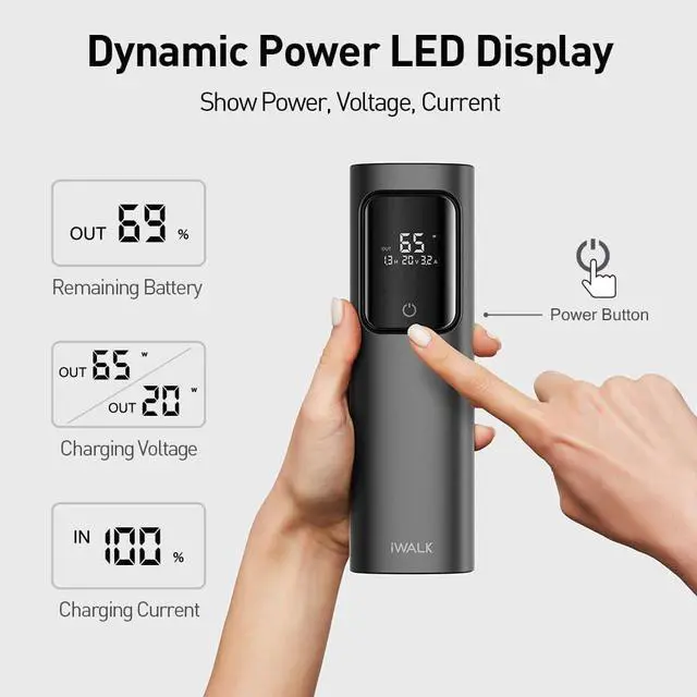 Alt view image 5 of 6 - iWALK Laptop Power Bank, 20000mAh 65W 3-Output Portable Charger with Built-in USB-C Cable, PD QC Fast Charging External Battery Pack for MacBook Pro/Air HP iPhone 15 14 13 12 iPad Samsung Steam Deck