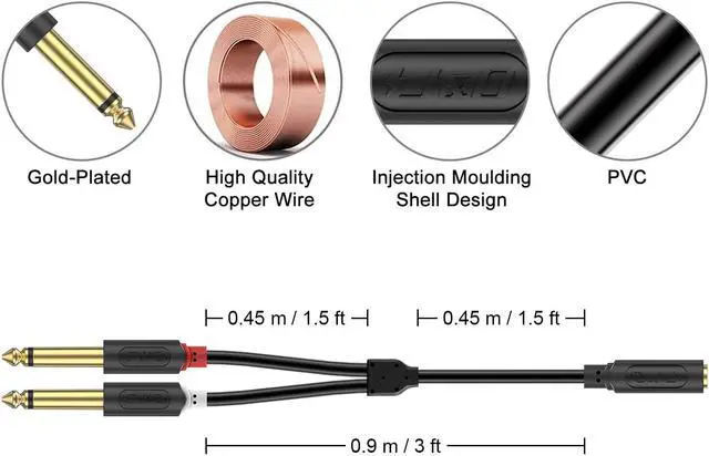 Alt view image 3 of 7 - 3.5mm to Dual 1/4 TS Stereo Breakout Cable Gold Plated Audiowave Series 3.5mm 1/8 inch TRS Female to 2X 6.35mm 1/4 inch TS Male Mono Cable Splitter PVC Shelled Stereo Audio Cable 3 Feet