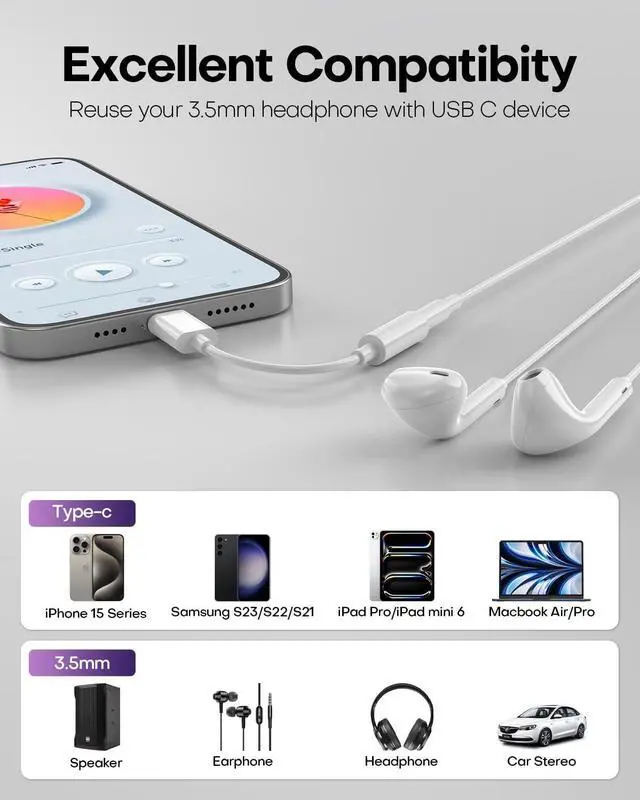Alt view image 5 of 7 - USB C to 3.5mm Audio Headphone Jack Adapter (2Pack) Aux to USB C Dongle Cord Cable Compatible with iPhone 16/15 Series/iPad Pro/ Galaxy S25 S24 S23 Ultra/Google Pixel - White