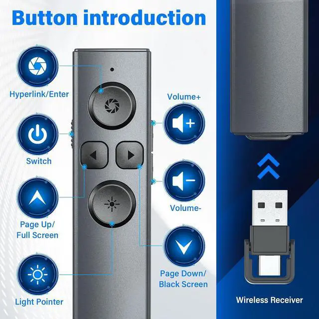 Alt view image 2 of 7 - 2-in-1 USB Type C Presentation Clicker Rechargeable Wireless Presenter Remote Clicker for PowerPoint Presentations Pointer for Presentations Slide Advancer with Volume Control for Mac Computer PPT