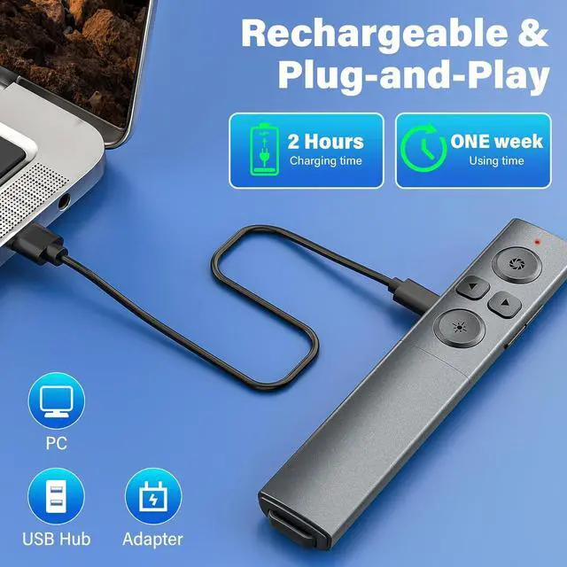 Alt view image 4 of 7 - 2-in-1 USB Type C Presentation Clicker Rechargeable Wireless Presenter Remote Clicker for PowerPoint Presentations Pointer for Presentations Slide Advancer with Volume Control for Mac Computer PPT