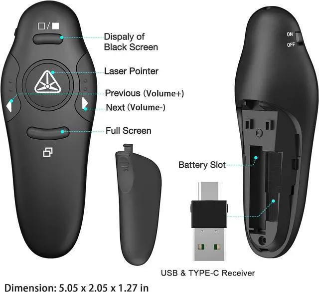 Alt view image 6 of 7 - 2-in-1 USB Type C Presentation Clicker Wireless Presenter Remote Clicker for PowerPoint Presentations with Laser Pointer RF 2.4GHz USB C PowerPoint Clicker Slide Advancer for Computer/Mac/Laptop