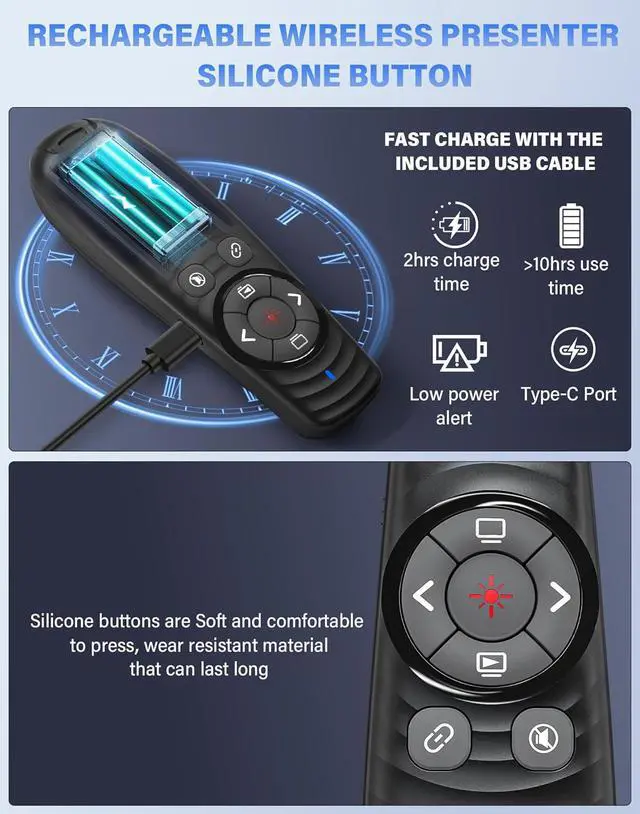 Alt view image 5 of 7 - Presentation Clicker Wireless 2-in-1 USB/Type C Rechargeable Presenter Remote Control for PowerPoint PPT Clicker Red Laser Pointer Slide Advancer RF2.4GHz (Red Light USB C Rechargeable)