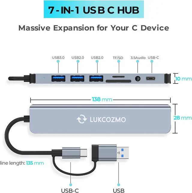 Alt view image 4 of 6 - USB Hub USB C Hub USB Splitter 7 in 1 USB Extender with 4 USB Port 1 USBC Port TF/SD Card Reader Audio Output Compatible with MacBook/Pad Pro/Dell/HP Laptop/Phones