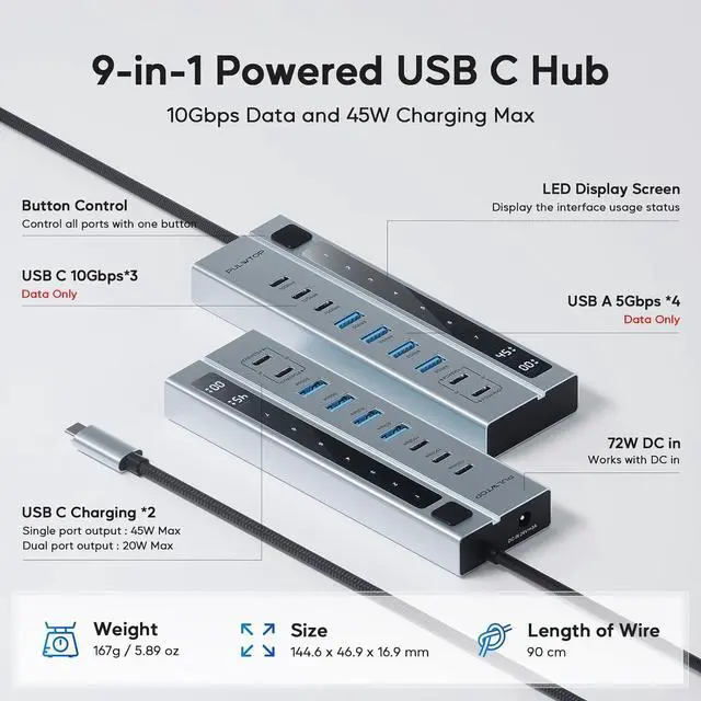 Alt view image 2 of 6 - Powered USB C Hub, USB Hub Powered Support 10Gbps Data PD 45W Charging(Not Support Video) 3ft, 3 USB-C 10Gbps Ports, 4 USB 3.0 5Gbps Ports with 75W Adapter for iMac, MacBook Pro/Air, iPad