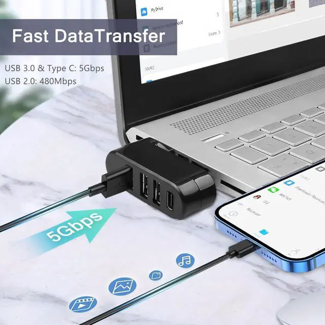 Alt view image 4 of 7 - VIENON 4-Port USB 3.0 Hub [90/180 Degree Rotatable] USB Splitter with PD-in 5W USB C Port USB Extender for Laptop Car iMac MacBook Air MacBook Pro and More