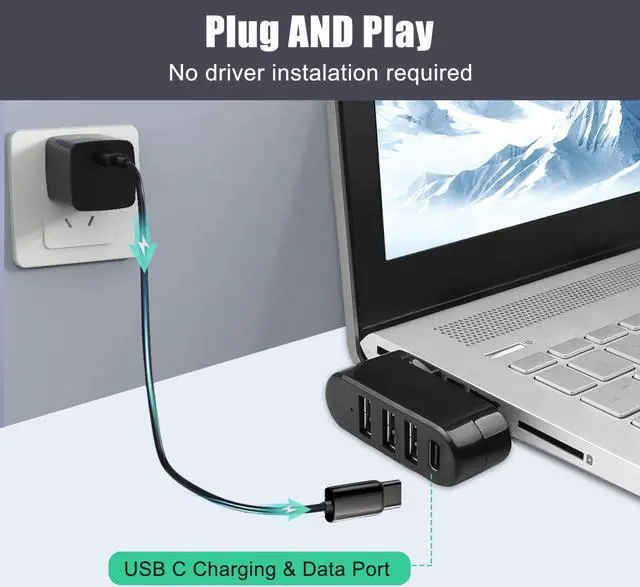 Alt view image 5 of 7 - VIENON 4-Port USB 3.0 Hub [90/180 Degree Rotatable] USB Splitter with PD-in 5W USB C Port USB Extender for Laptop Car iMac MacBook Air MacBook Pro and More