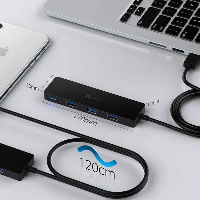 Alt view image 6 of 7 - USB Hub 3.0 Splitter with 4ft Extension Long Cable Cord 4-Port Ultra-Slim Multiport Expander for Desktop Computer PC Laptop Chromebook Mac Mini iMac PS4 Flash Drive Data and More