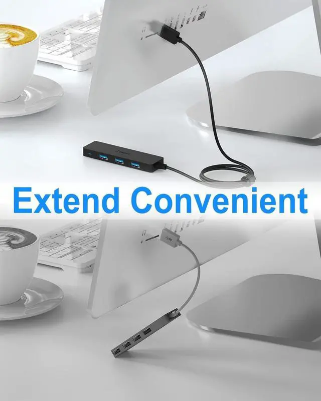 Alt view image 7 of 7 - USB Hub 3.0 Splitter with 4ft Extension Long Cable Cord 4-Port Ultra-Slim Multiport Expander for Desktop Computer PC Laptop Chromebook Mac Mini iMac PS4 Flash Drive Data and More