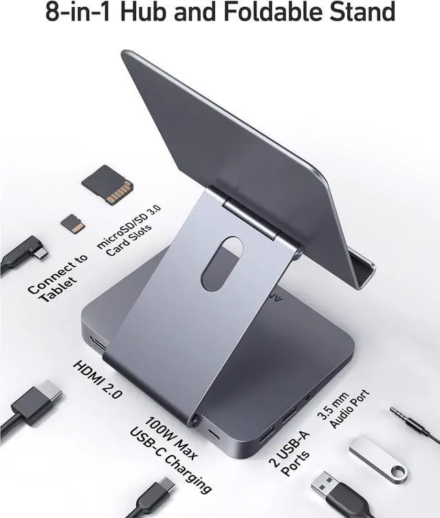 Alt view image 3 of 7 - Anker 551 8-in-1 iPad USB C Hub, with Foldable Tablet Stand, Power Delivery Input, 4K HDMI, 2 USB-A Data Ports, 3.5 mm AUX, and microSD/SD Card Slots, for iPad Pro and More USB-C Tablets