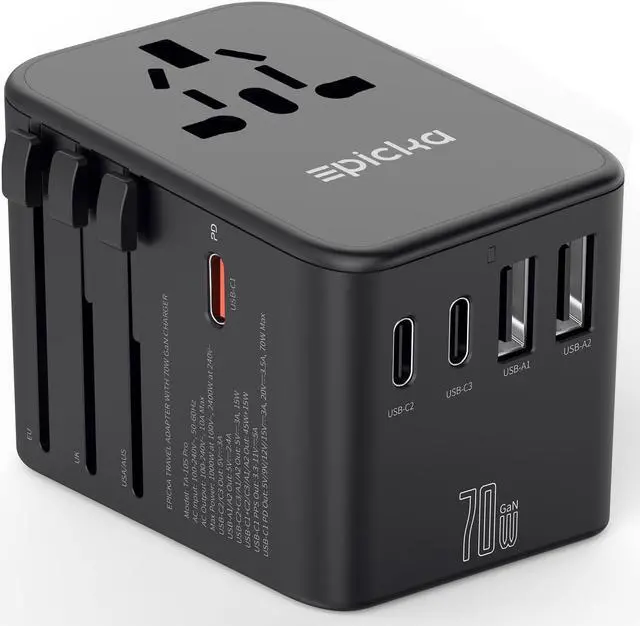 Main image of Universal Travel Adapter, GaN International Plug Adapter with 3 USB-C 70W PD Fast Charging & 2 USB-A Adaptor All-in-one Wall Charger for USA EU UK AUS (TA-105 Pro, Black)