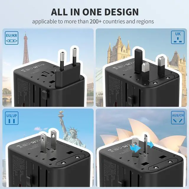 Alt view image 2 of 6 - Universal Travel Adapter, GaN International Plug Adapter with 3 USB-C 70W PD Fast Charging & 2 USB-A Adaptor All-in-one Wall Charger for USA EU UK AUS (TA-105 Pro, Black)