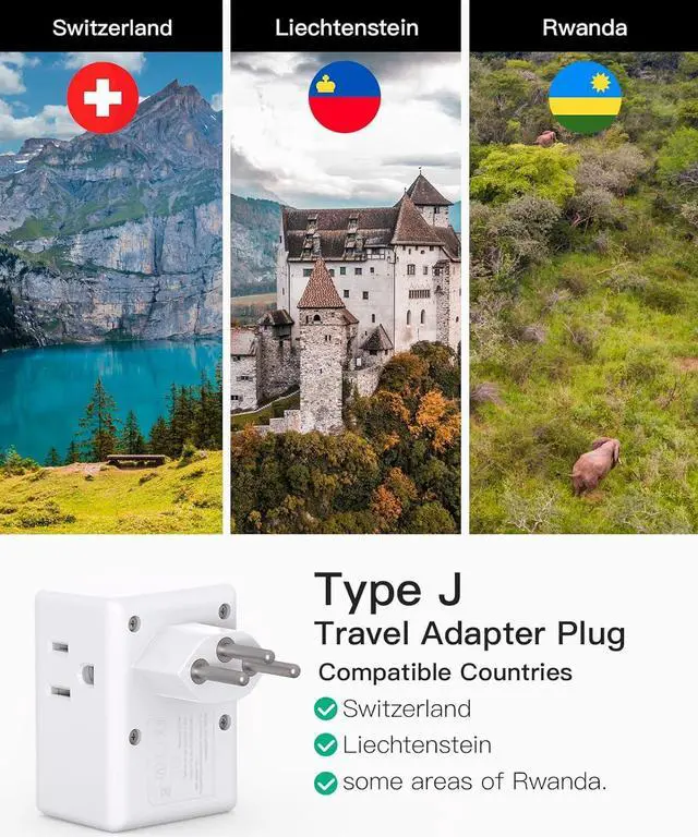 Alt view image 2 of 7 - Switzerland Travel Plug Adapter Swiss Outlet Adapter with 3 Outlets 3 USB Charging Ports(1 USB C) Type J Power Adapter Travel Essentials US to Switzerland Rwanda Liechtenstein