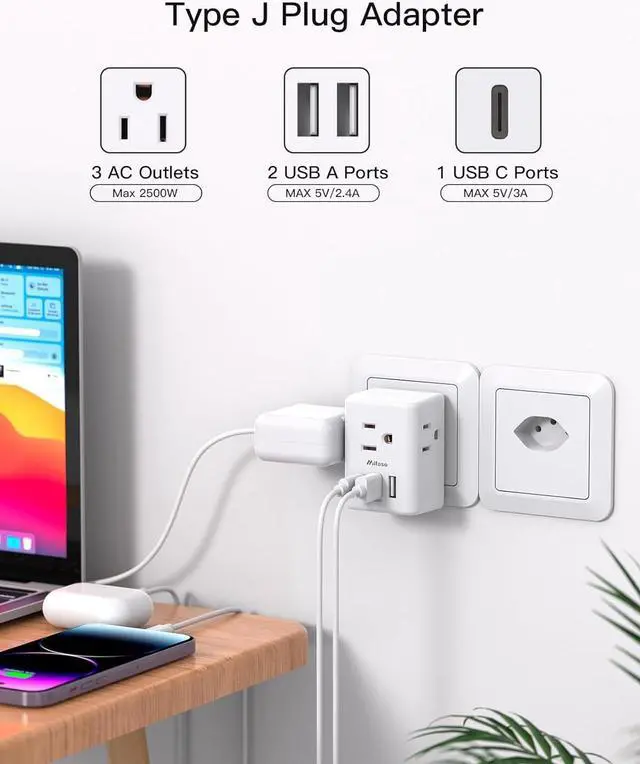 Alt view image 3 of 7 - Switzerland Travel Plug Adapter Swiss Outlet Adapter with 3 Outlets 3 USB Charging Ports(1 USB C) Type J Power Adapter Travel Essentials US to Switzerland Rwanda Liechtenstein