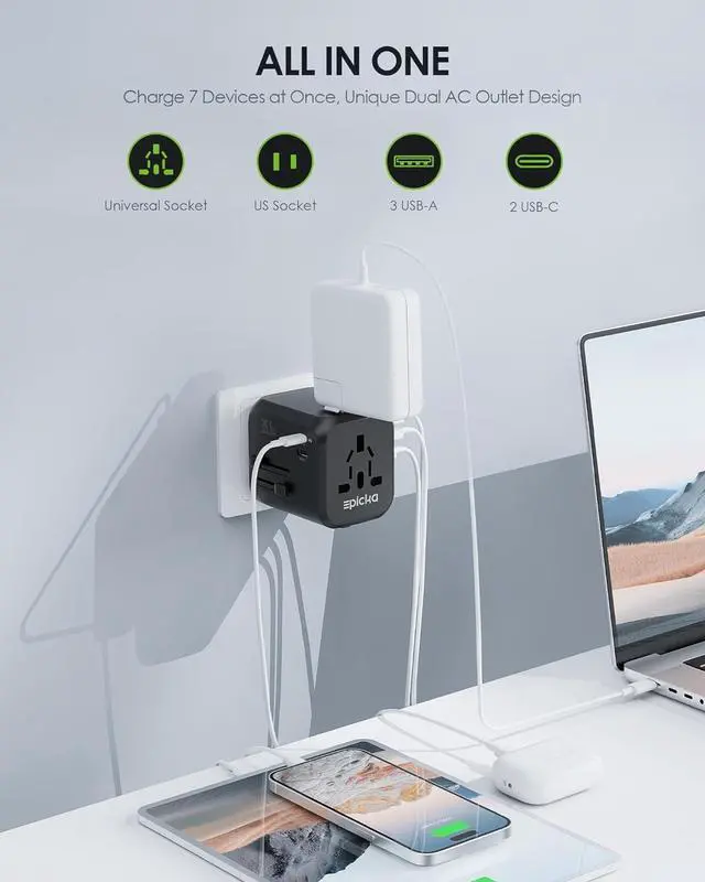 Alt view image 3 of 7 - EPICKA Universal Travel Adapter, International Plug Adapter with Dual AC Outlet, 2 USB-C 35W PD Fast Charging & 3 USB-A, All in One Worldwide Wall Charger (TA-205, Black)