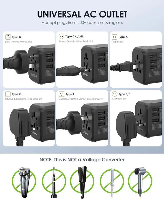 Alt view image 6 of 7 - EPICKA Universal Travel Adapter, International Plug Adapter with Dual AC Outlet, 2 USB-C 35W PD Fast Charging & 3 USB-A, All in One Worldwide Wall Charger (TA-205, Black)