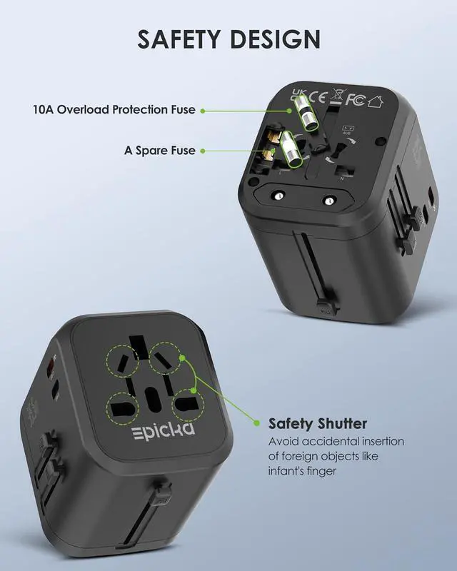 Alt view image 7 of 7 - EPICKA Universal Travel Adapter, International Plug Adapter with Dual AC Outlet, 2 USB-C 35W PD Fast Charging & 3 USB-A, All in One Worldwide Wall Charger (TA-205, Black)