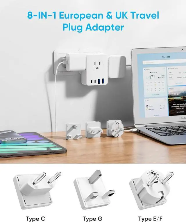 Alt view image 2 of 7 - European Travel Plug Adapter 5ft Detachable Extension Cord with Type C/G/E/F Plug Kit 4 AC Outlets 4 USB Ports (2 USB C) UK Germay France Greece Travel Plug Adapter