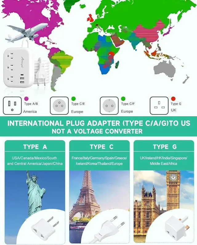 Alt view image 2 of 7 - European Travel Plug Adapter, Alitayee EU/UK/US Travel Power Strip with 3 Outlets 3 USB Ports, International Universal Plug Adapter with 3ft Extension Cord to EU UK Italy Spain France Germany Cruise