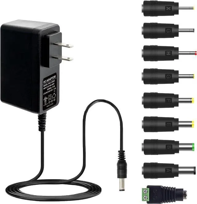 Main image of Real 12V 2A+ AC Adapter  120V to 12V, w/4ft Cord, 5.5x2.1mm Barrel Plug and 9 Tips for CCTV Cameras, Routers & More, UL-Listed for Safety & Reliability