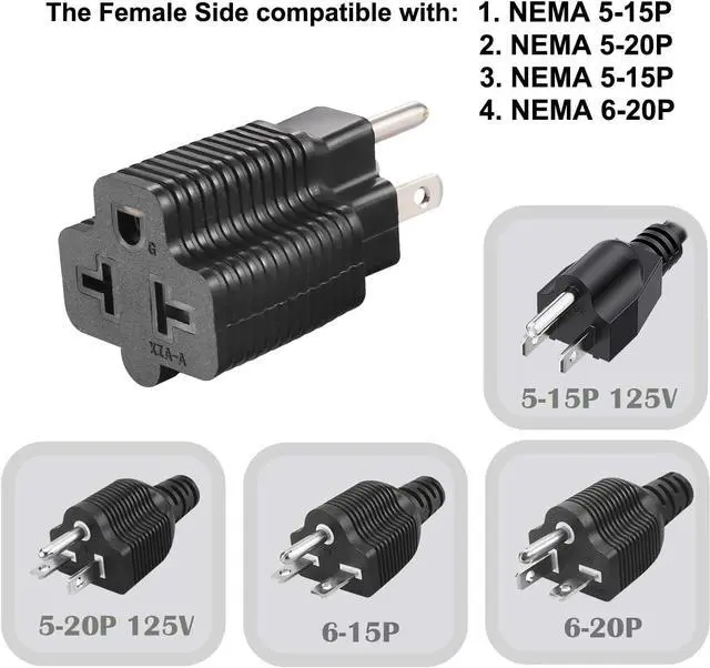 Alt view image 6 of 6 - [4-in-1] NEMA 5-15R to 5-15P 5-20P 6-15P 6-20P Adapter 15 Amp Household Plug to 20 Amp T-Blade Female Adapter 15 Amp Male to 20 Amp Female Plug Outlet 3 Prong Household T-Blade Adapter (1)