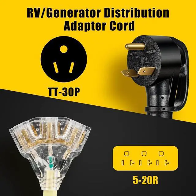 Alt view image 2 of 7 - 30 Amp to 20 Amp 110V RV Distribution Adapter Cord, NEMA TT-30P Male to 3X 5-15R/5-20R T-Blade Household Outlet Female with LED Power Indicator, ETL Listed (1.5FT)