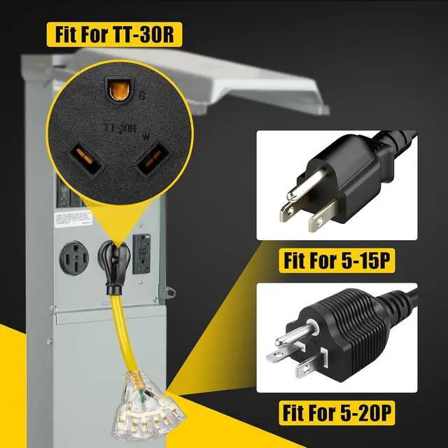 Alt view image 3 of 7 - 30 Amp to 20 Amp 110V RV Distribution Adapter Cord, NEMA TT-30P Male to 3X 5-15R/5-20R T-Blade Household Outlet Female with LED Power Indicator, ETL Listed (1.5FT)