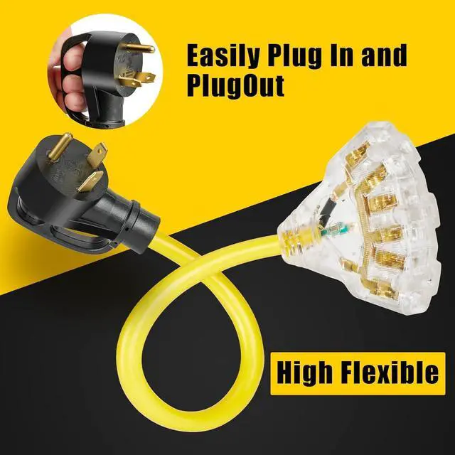 Alt view image 5 of 7 - 30 Amp to 20 Amp 110V RV Distribution Adapter Cord, NEMA TT-30P Male to 3X 5-15R/5-20R T-Blade Household Outlet Female with LED Power Indicator, ETL Listed (1.5FT)