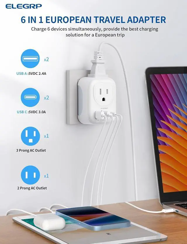 Alt view image 2 of 7 - European Travel Plug Adapter US to Europe Plug Adapter Converter with Two USB-A Ports and Two USB-C Ports Type C Adapters for Europe Spain Italy France Germany FCC 1 Pack