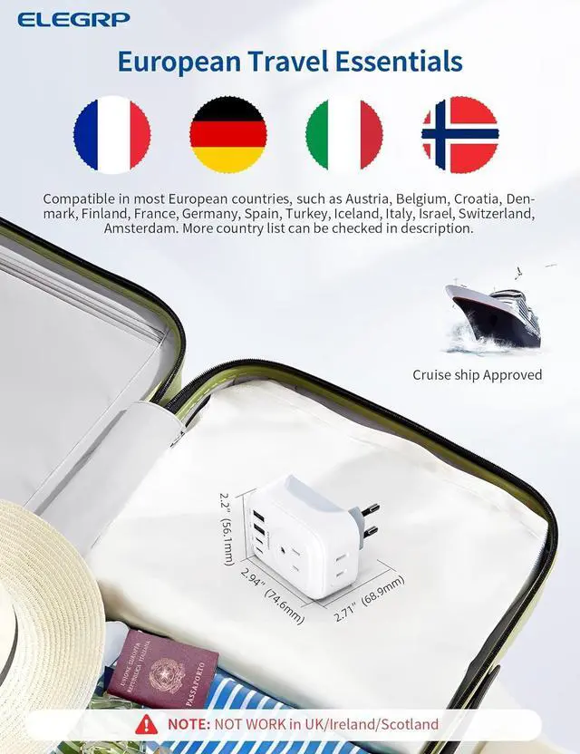 Alt view image 4 of 7 - European Travel Plug Adapter US to Europe Plug Adapter Converter with Two USB-A Ports and Two USB-C Ports Type C Adapters for Europe Spain Italy France Germany FCC 1 Pack