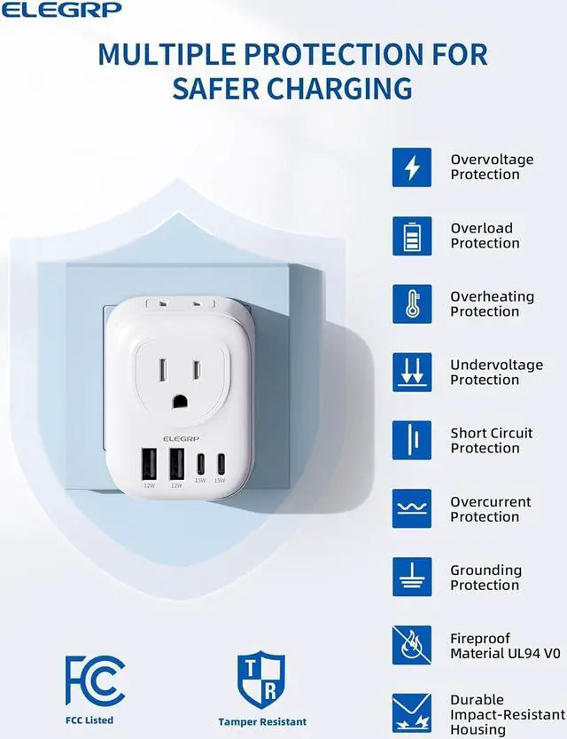 Alt view image 7 of 7 - European Travel Plug Adapter US to Europe Plug Adapter Converter with Two USB-A Ports and Two USB-C Ports Type C Adapters for Europe Spain Italy France Germany FCC 1 Pack