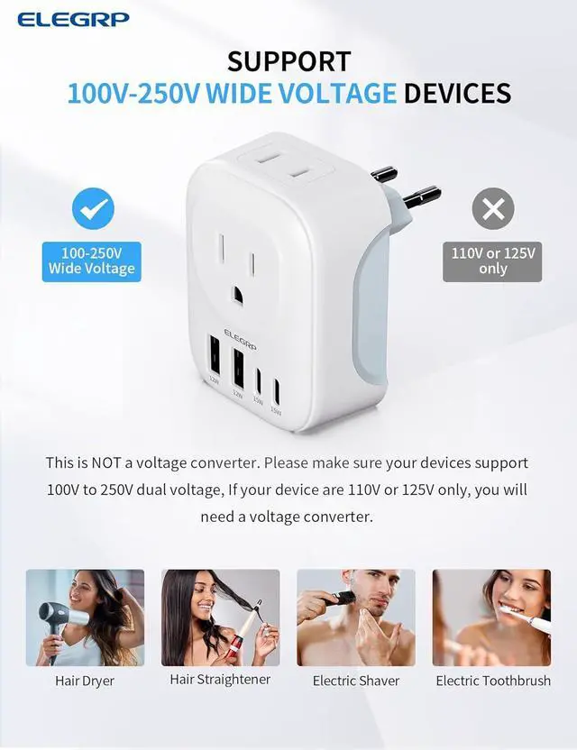 Alt view image 6 of 7 - European Travel Plug Adapter US to Europe Plug Adapter Converter with Two USB-A Ports and Two USB-C Ports Type C Adapters for Europe Spain Italy France Germany FCC 1 Pack