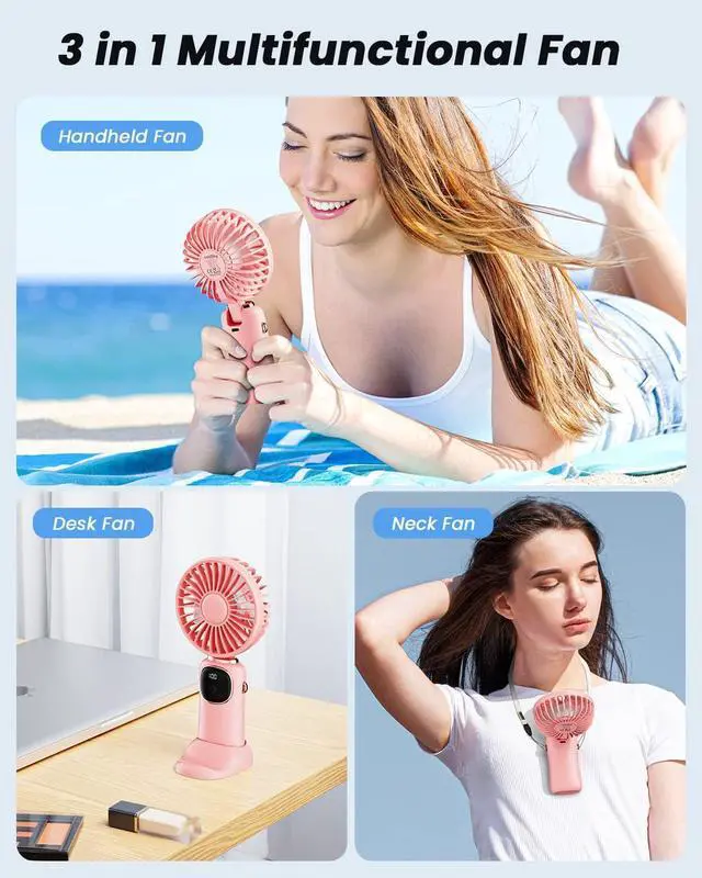 Alt view image 2 of 7 - coldSky Portable Handheld Fan, 4000mAh Rechargeable Personal Fan - Pink | 3-in-1 Hand, Desk & Neck Fan, 20H Max Cooling, 5 Speed, LED Display, 90° Foldable Fan for Travel/Indoor/Outdoor/Gifts