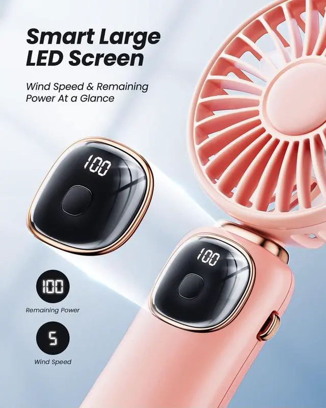 Alt view image 4 of 7 - coldSky Portable Handheld Fan, 4000mAh Rechargeable Personal Fan - Pink | 3-in-1 Hand, Desk & Neck Fan, 20H Max Cooling, 5 Speed, LED Display, 90° Foldable Fan for Travel/Indoor/Outdoor/Gifts