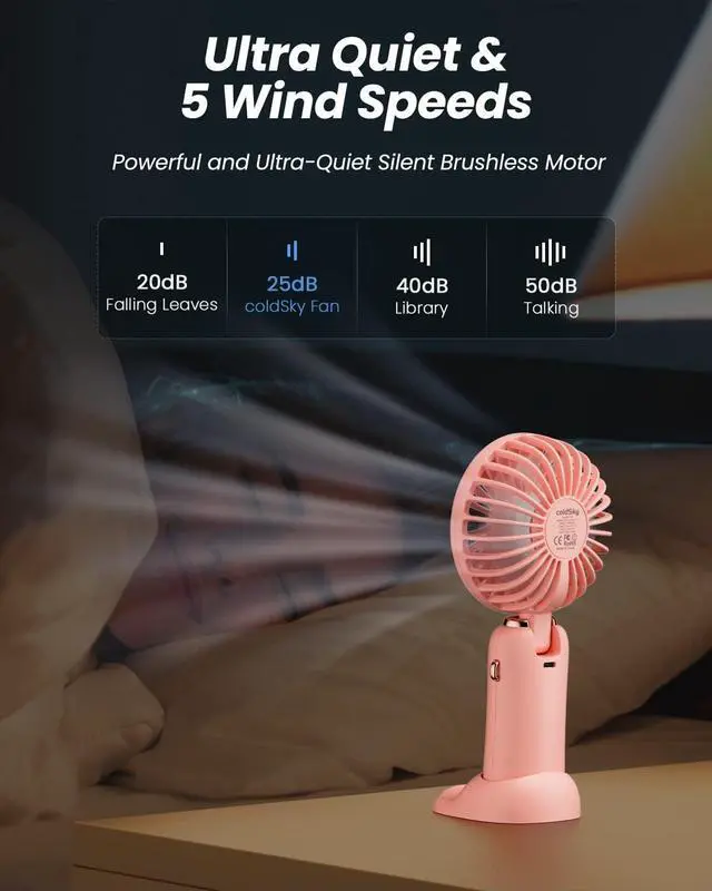 Alt view image 7 of 7 - coldSky Portable Handheld Fan, 4000mAh Rechargeable Personal Fan - Pink | 3-in-1 Hand, Desk & Neck Fan, 20H Max Cooling, 5 Speed, LED Display, 90° Foldable Fan for Travel/Indoor/Outdoor/Gifts