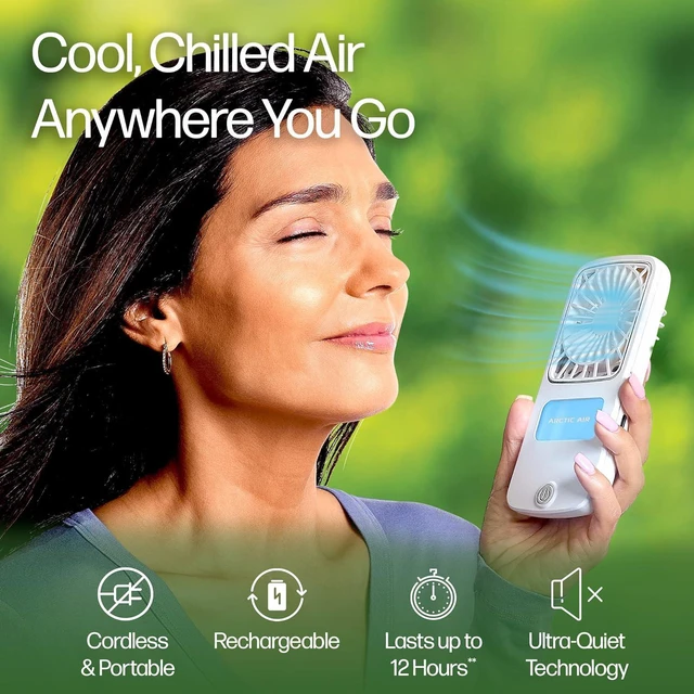 Alt view image 2 of 7 - Arctic Air Portable Fan, Pocket Chill Handheld Mini Fan, Rechargeable Personal Air Cooler with Hydro-Chill Technology, 3 Speeds & Built-in-Kickstand, Cordless for Travel, Indoor or Outdoor Use