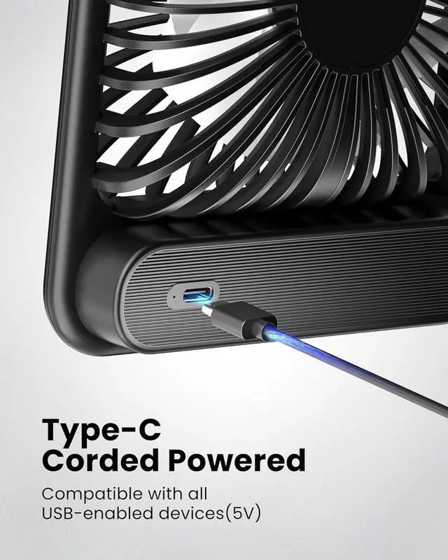 Alt view image 4 of 7 - USB Desk Fan Strong Wind Ultra Quiet Small Personal Fan with 180° Tilt Folding and 3 Speeds Adjustable USB-C Corded Powered Mini USB Fan for Office Desktop Bedroom