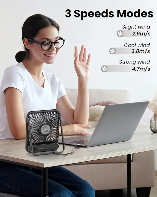 Alt view image 6 of 7 - USB Desk Fan Strong Wind Ultra Quiet Small Personal Fan with 180° Tilt Folding and 3 Speeds Adjustable USB-C Corded Powered Mini USB Fan for Office Desktop Bedroom