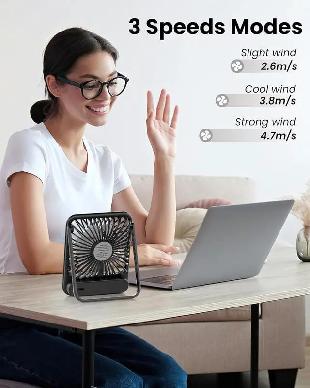 Alt view image 6 of 7 - Desk Fan Ultra Quiet 2.5-11h Battery Operated Small USB Fan with Strong Wind 180° Tilt Folding and 3 Speeds Adjustable Battery Powered Mini Personal Fan for Office Bedroom Desktop