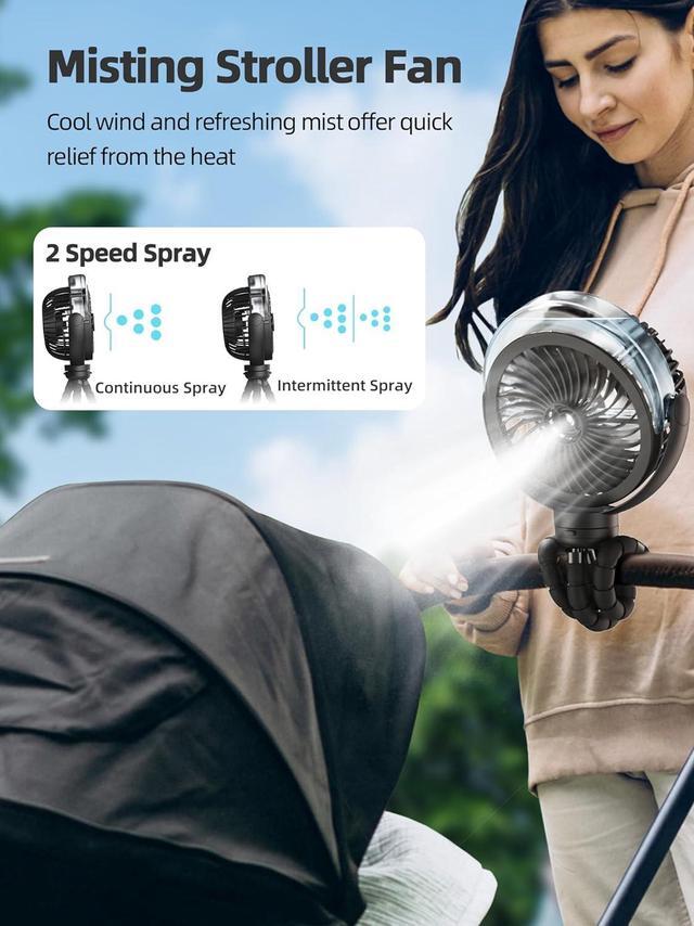 Alt view image 2 of 7 - Misting Stroller Fan 6000mAh Battery Operated Portable Fan with Light & 360° Pivoting Personal Fan with Flexible Tripod for Baby Office Travel Treadmill Outdoors