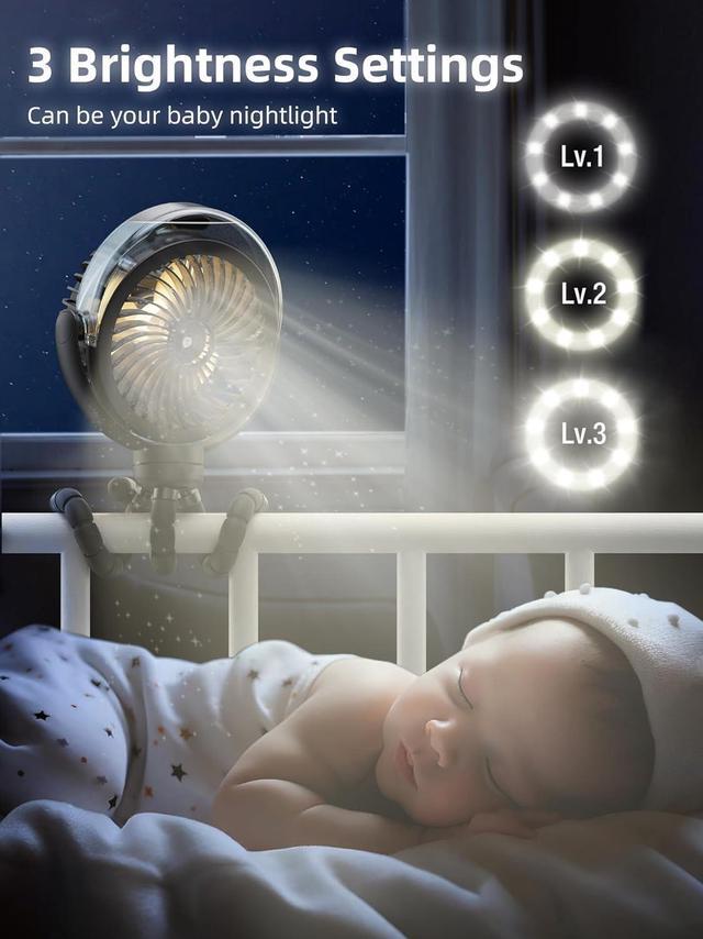 Alt view image 3 of 7 - Misting Stroller Fan 6000mAh Battery Operated Portable Fan with Light & 360° Pivoting Personal Fan with Flexible Tripod for Baby Office Travel Treadmill Outdoors